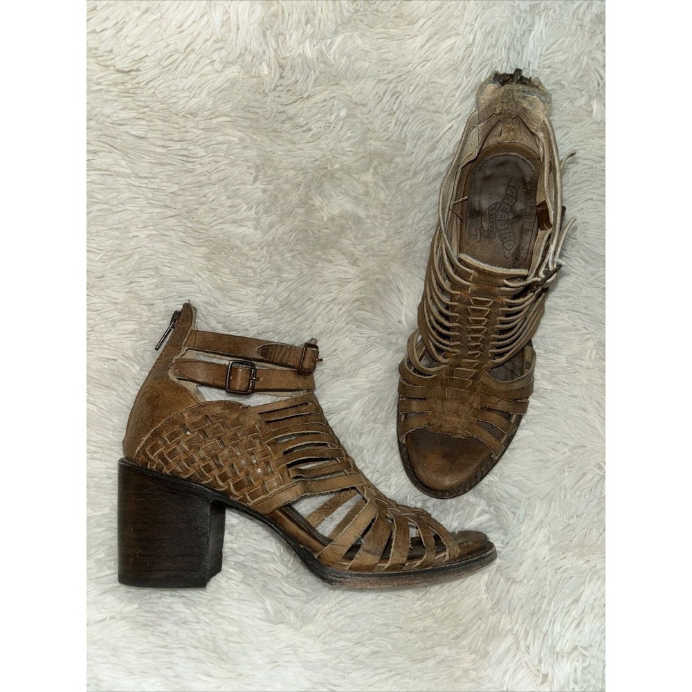 freebird Brown Woven Strappy Block Heel Sandals